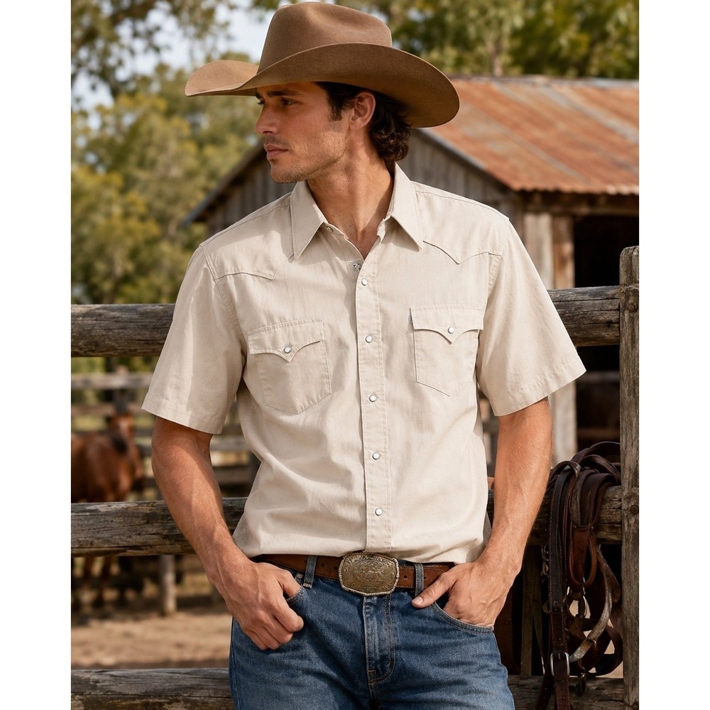 Karman Western Pearl Snap Shirt Beige Short Sleeve Cowboy Ranch Men's XL Est